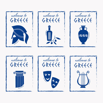 Art and culture vector icon set, amphora, column, statue, mask, Greece. Ancient, Greek civilization. 