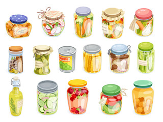 Pickled food jars. Cartoon preserved products in can jar bottle, marinating vegetables spice pot kitchen pantry, fruit pickle appetizer conserve veggie neoteric vector illustration - obrazy, fototapety, plakaty