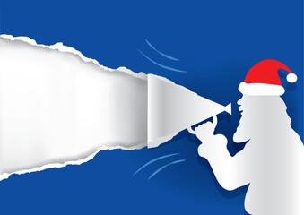 
Santa Claus with megaphone, torn paper Background. 
Paper silhouette of Santa talking into a paper megaphone. Place for your text or image. Vector available.
