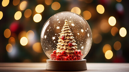 A closeup shot of a beautiful snow globe on the background of bokeh lights - Powered by Adobe