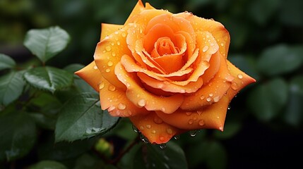 A radiant orange rosebud adorned with dewdrops, standing out in a sea of greenery and blooms.