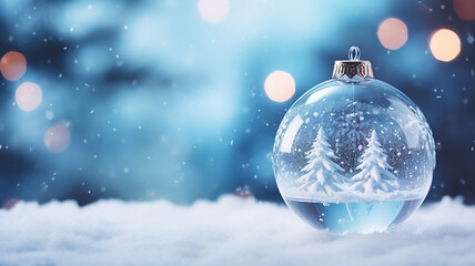 Fototapeta na wymiar Transparent glass Christmas ball in snow. New Year decoration. Festive atmosphere. Copy Space.