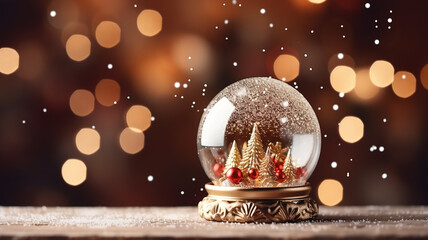 A closeup shot of a beautiful snow globe on the background of bokeh lights