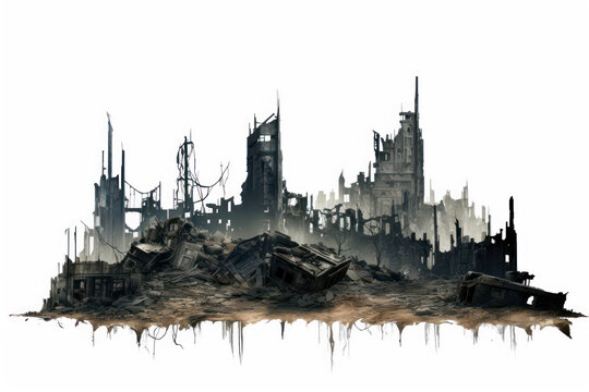 ruin, skyscraper destroyed, apocalypse, isolated on transparent backgrounds, png file
