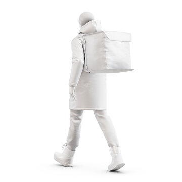 a mannequin Walking Deliveryman with Winter clothing isolated on a white background