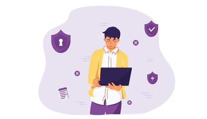 Cyber security concept. Man working on a protection. Person defending and protecting data. Cyber safety and privacy. Flat Vector Illustration