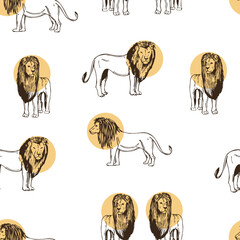 Lions  on white background.  Vector pattern.