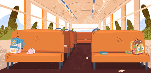 School bus interior. Aisle seat inside empty autobus, public transport cartoon interior for backpacker travel in europe or children road transportation, classy vector illustration © ssstocker