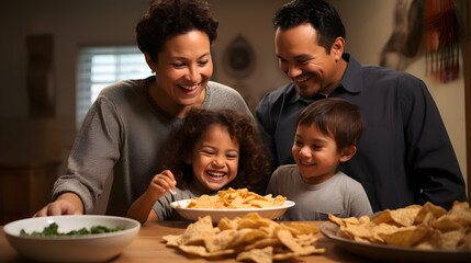 Luces Cálidas, Sonrisas y Comida Variada: Escena Familiar latinos disfrutando de una comida sana en casa iluminada