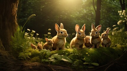  a group of rabbits sitting on top of a lush green field next to a forest filled with lots of trees.  generative ai - obrazy, fototapety, plakaty