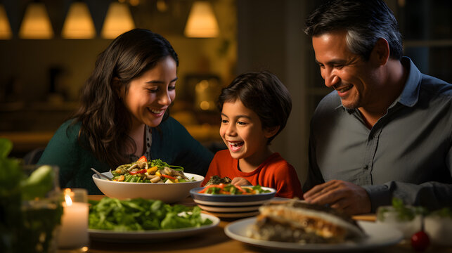 Momentos Especiales: Uni&oacute;n en la Mesa familia latina con comida saludable disfrutando de la hora de la comida