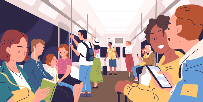 People inside subway. Passengers in metro or modern tram interior, stand person with phone at handrail and seat woman reading book, urban transportation classy vector illustration