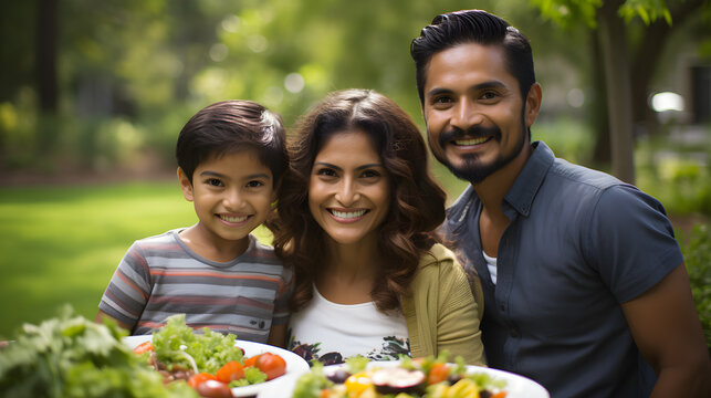 familia latina con comida saludable en exteriores sonrientes y contentos cabello obscuro y piel morena