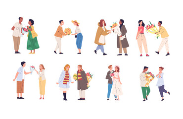 Men giving flower. Man give bundle flowers, women receive bouquet roses, romantic couple girlfriend getting gift on dating, wife and husband celebration classy vector illustration