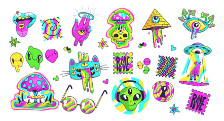 Acid psychedelic stickers. Trippy trendy sticker in crazy cartoon style 80s 60s, surreal abstract bright patch weird groovy design, funny neon colors art classy vector illustration