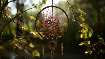 An intricate dream catcher with a web-like pattern of morning glory vines, dew clinging to each thread.