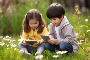 children use gadgets in the garden and ignoring real life. The concept of gadget addiction and overuse of social media and mobile devices