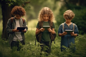 Minors children use gadgets in the garden and ignoring real life. The concept of gadget addiction and overuse of social media and mobile devices - obrazy, fototapety, plakaty