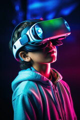 A boy wearing virtual reality glasses in an entertainment pavilion and ignoring real life. The concept of gadget addiction and overuse of social media and mobile devices - obrazy, fototapety, plakaty