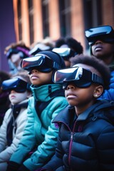 group children mixed race wearing virtual reality goggles, outdoor, engagingly immersed in virtual reality. The concept of gadget addiction and overuse of social media and mobile devices. - obrazy, fototapety, plakaty