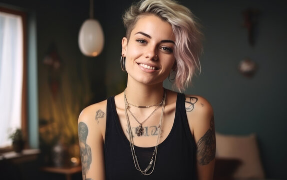 A beautiful elegant smiling cheerful young punk style woman wearing a dress with a necklace
