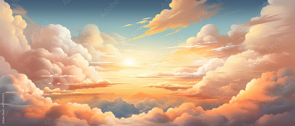 Wall mural Heavenly sky. Sunset above the clouds abstract illustration. Extra wide format. Hope, divine, heavens concept