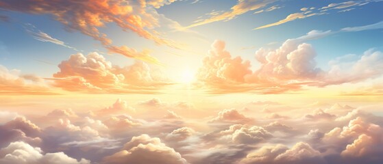Heavenly sky. Sunset above the clouds abstract illustration. Extra wide format. Hope, divine, heavens concept