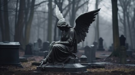 Image with background and place for caption and fragment of tragic sad angel statue at the cemetery. Funeral ceremony - obrazy, fototapety, plakaty