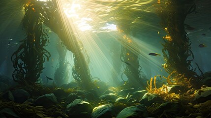  an underwater scene with sunlight streaming through the water and seaweed growing on the bottom of the water, and a fish swimming in the bottom of the water.  generative ai