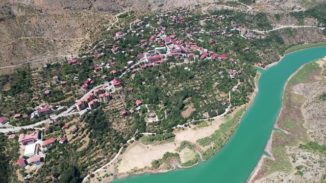 Valley view of Kemaliye town. View of the old Kemaliye houses and the Euphrates River. Erzincan