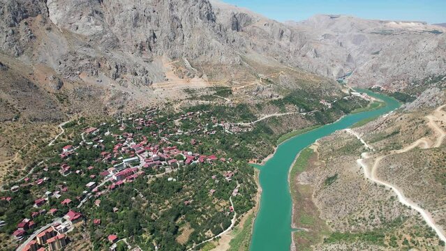 Valley view of Kemaliye town. View of the old Kemaliye houses and the Euphrates River. Erzincan