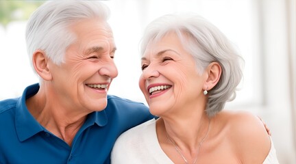 A beautiful, mid-50s couple of grandparents with gray hair laughing and smiling. Close up portrait of mature old man and woman. Long live and stay young, beauty, healthy facial skin care