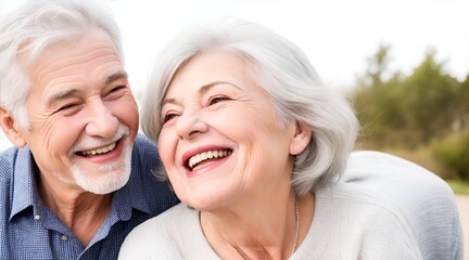 A beautiful, mid-50s couple of grandparents with gray hair laughing and smiling. Close up portrait of mature old man and woman. Long live and stay young, beauty, healthy facial skin care