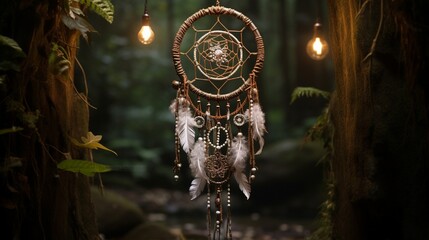 A dream catcher entwined with strings of pearls, evoking elegance amidst a backdrop of rustic wilderness.