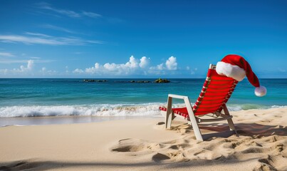 Christmas beach chair lounges with Santa hats at sea, ocean sandy tropical beach, x-mas travel design background, Christmas decoration, Happy New Year, holiday,vacation, winter season, space for text
