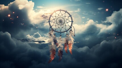 A dream catcher floating amongst the clouds, its feathers intertwined with the vapor trails of passing airplanes.