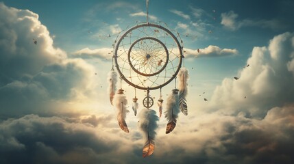 A dream catcher floating amongst the clouds, its feathers intertwined with the vapor trails of passing airplanes. - obrazy, fototapety, plakaty