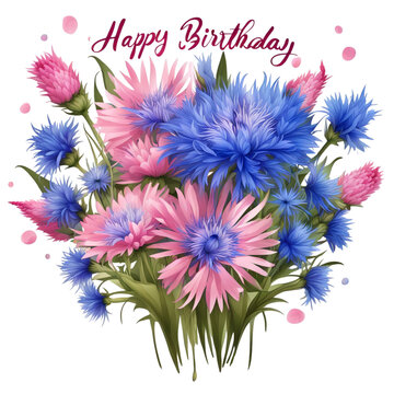 Happy birthday card on beautiful flower bouquet background isolated on white background