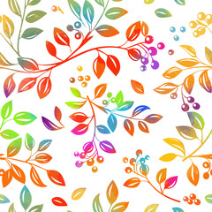 Seamless background of rainbow colored twigs with leaves and berries. hand drawing. Not AI, Vector illustration