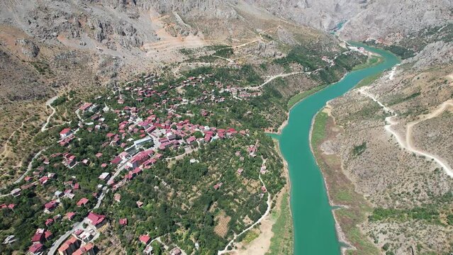 Valley view of Kemaliye town. View of the old Kemaliye houses and the Euphrates River. Erzincan