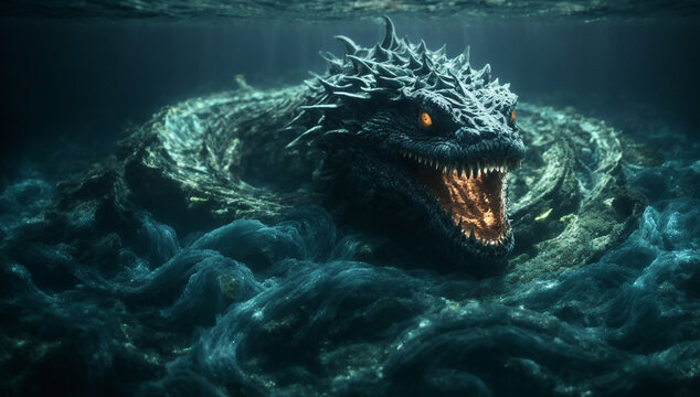 an image of a colossal leviathan, resembling a serpentine sea monster with gleaming scales and piercing eyes - AI Generative