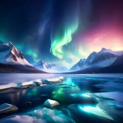 A breathtaking polar lights picture against a backdrop of pristine, snow-covered mountains, where nature's ethereal display meets the serene winter landscape, generative ai