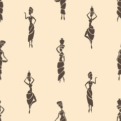 African women silhouettes seamless pattern. Fabric, fashion print design