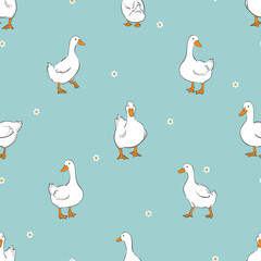 Seamless pattern with cute white ducks. Vector illustration