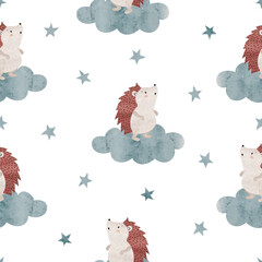 Seamless pattern with cute cartoon hedgehogs on clouds. Vector illustration for kids © Afanasia