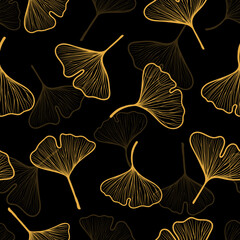 Golden gingko leaf seamless pattern. Vector floral background with gold leaves - 675525352