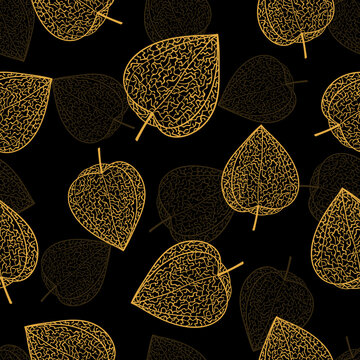 Golden physalis seamless pattern. Vector floral background with gold winter cherry