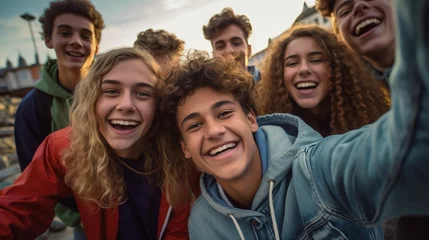 Foto op Plexiglas Cheerful teenage friends from different countries take selfies while walking around the city. Concept of friendship, communication, happy memories © Irina Sharnina