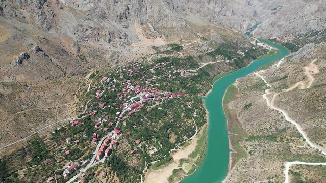 Valley view of Kemaliye town. View of the old Kemaliye houses and the Euphrates River. Erzincan