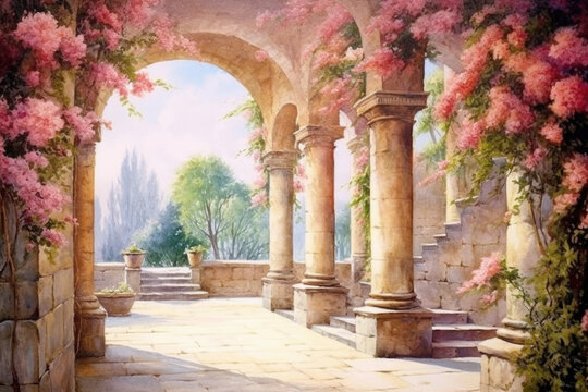 Watercolor Painting of an Romantic Archway Filled with Pink Flowers Plants